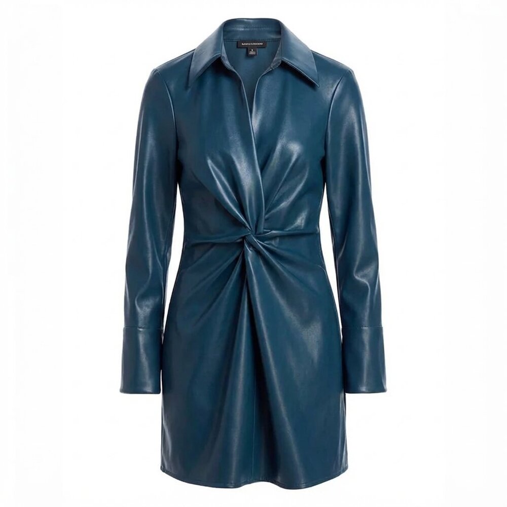 Cinq à Sept Mckenna Faux Leather Mini Dress – Blue, Size 0 | Chic Twist-Front
